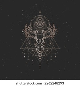 Deer skull and Sacred geometric symbol on black vintage background. Abstract mystic sign. Gold linear shape.