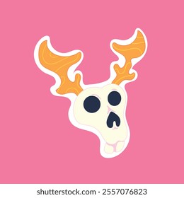 deer skull sticker with antlers on it and pink background.