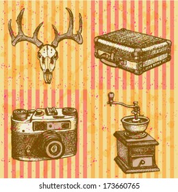 Deer skull, suitcase, coffee mill and retro photo camera, hipster sketch background