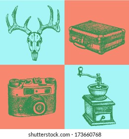 Deer skull, suitcase, coffee mill and retro photo camera, hipster sketch background