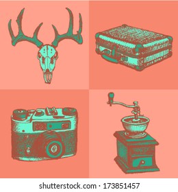 Deer skull, suitcase, coffee mill and retro photo camera, hipster sketch background