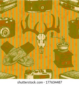 Deer skull, suitcase, mittens, coffee mill and retro photo camera, hipster seamless pattern