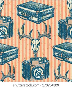 Deer skull, suitcase and retro photo camera, hipster seamless pattern
