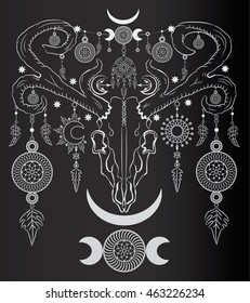 Deer skull with Sun and Moon medallions on the shaman drum background. Boho chic style.