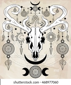 Deer skull with Sun and Moon medallions on the sacred geometry background. Boho chic style.