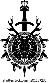 Deer skull, sword and shield. North Viking coat of arms