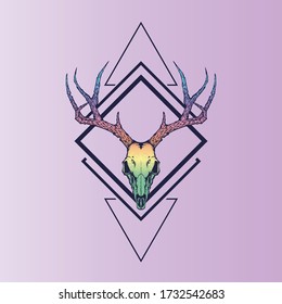 deer skull with triangle shape vector illustration for tattoo, printing on t-shirts, posters and other items. animal skeleton drawing. wildlife tattoo symbol design. color and gradient.