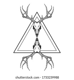 deer skull with triangle shape vector illustration for tattoo, printing on t-shirts, posters and other items. animal skeleton drawing. wildlife tattoo symbol design.