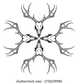 deer skull vector illustration for tattoo, printing on t-shirts, posters and other items. animal skeleton drawing. wildlife tattoo symbol design.