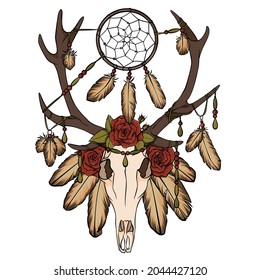 Deer skull vector illustration  Witchcraft fantasy print  Deer skull and dream catcher  feathers   roses 