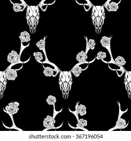 Deer skull and white flowers . Vector seamless pattern.Vector seamless pattern