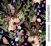Deer skulls and flowers seamless background