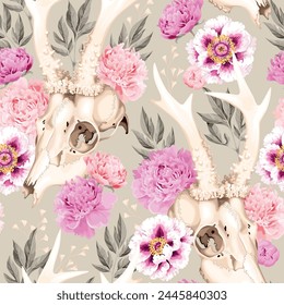 Deer skulls and flowers seamless background