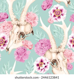 Calaveras de ciervo y flores de fondo sin fisuras