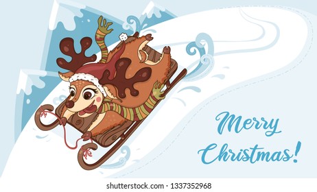 Deer sledding vector. Deer Sledding vector illustration for your design, print. Cartoon deer sledding vector for Christmas, New year card, sale, text background. Winter scene with deer on sled