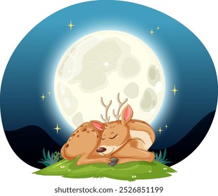 A deer sleeps peacefully beneath a glowing moon