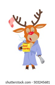 Deer in sleepwear isolated on white. Reindeer in the morning drink a cup of coffee. Deer with a cup with text good morning. Sleepy character with newspaper in flat style. Vector illustration