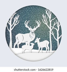 Deer in the snow, against the background of the forest. Paper crafts. Laser cutting, plotter cutting. stickers. Set template for laser cutting and Plotter. Sticker set. Pattern for the laser cut, scre