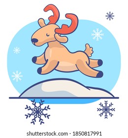 Deer and snowdrift on white isolated backdrop. Christmas holiday postcard for invitation or gift card, notebook, bath tile, scrapbook. Phone case or cloth print. Flat style stock vector illustration