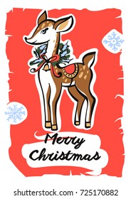 Deer with snowflake on color background. Freehand drawn image template poster, banner for happy new year and merry christmas party. Sketch vector illustration.