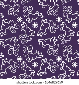 Deer and snowflake on violet backdrop. Christmas seamless pattern for wallpaper, wrap paper, sleeper, bath tile, apparel or bed linen. Phone case or cloth print. Flat style stock vector illustration