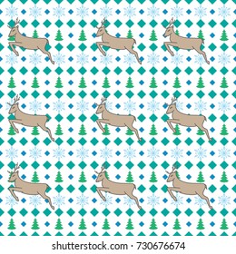 Deer and snowflake seamless pattern. Fashion graphic background design. Modern stylish abstract texture. Colorful template for prints, textiles, wrapping, wallpaper. Vector illustration