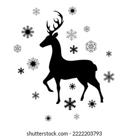Deer y copos de nieve, dibujo, ilustración vectorial