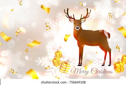 Deer, Snowflakes and Gifts. Reindeer, Christmas symbol. Blurred white silver background with golden serpentine. New Year vector illustration