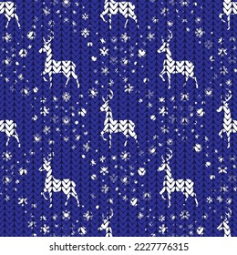 deer and snowflakes knitted, seamless pattern, vector illustration
