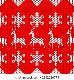 deer and snowflakes knitted, seamless pattern, vector illustration
