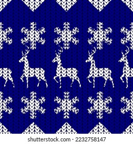 deer and snowflakes knitted, seamless pattern, vector illustration