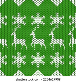 deer and snowflakes knitted, seamless pattern, vector illustration