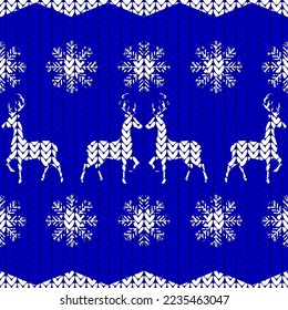deer and snowflakes knitted, seamless pattern, vector illustration
