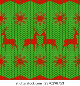 deer and snowflakes knitted, seamless pattern, vector illustration