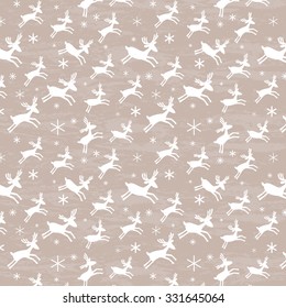 Deer and snowflakes seamless pattern. Hand drawn design for Christmas and New Year greeting cards, fabric, wrapping paper, invitation, stationery. Grunge seamless vector texture is in separate layer. 