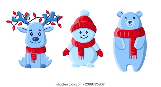 Deer, snowman, bear, winter animal characters, vector illustration 