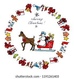 Deer and snowman driven gifts on a sled, vector illustration in a round frame