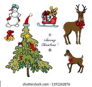 Deer, snowman, sleigh with gifts, Christmas tree, new year set on white background, vector illustration