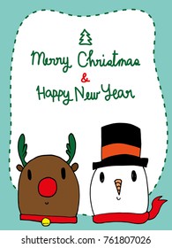 Deer and snowman with text merry christmas and Happy new year, cute vectoe, Holiday, Browm deer, snowman in hat. card.
