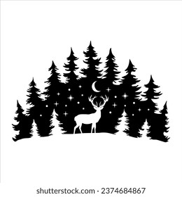 Deer in the Snowy Forest, Christmas Scene, Hand Drawn Vector Illustration 