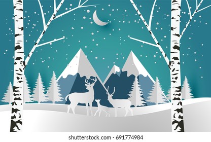 Deer in the snowy forest. paper art design