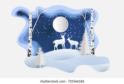 Deer in the snowy forest. paper cut design