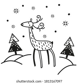 Deer in a snowy forest. Vector illustration in doodle style.