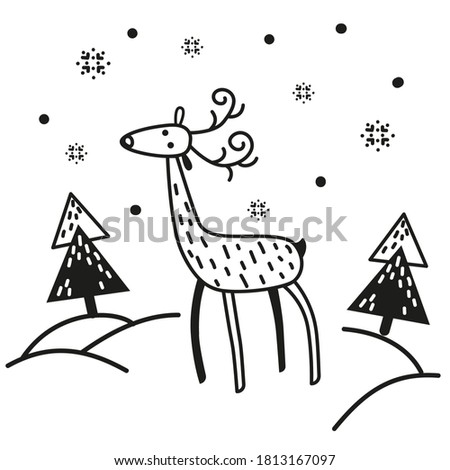 Deer in a snowy forest. Vector illustration in doodle style.