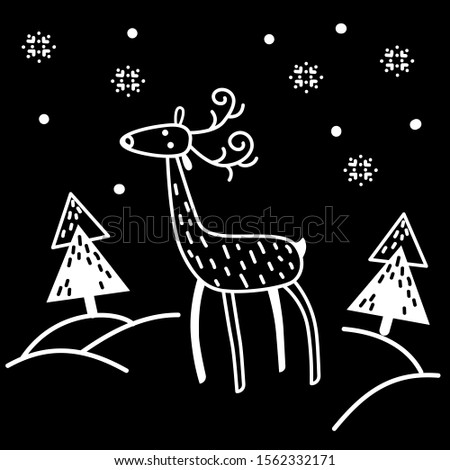 Deer in a snowy night forest. Vector illustration in doodle style.