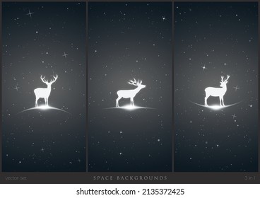 Deer in space. Set of endangered animal silhouette and glowing outline