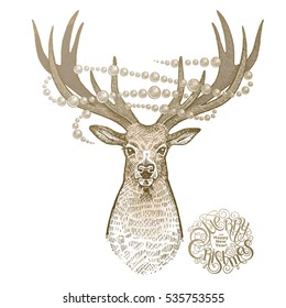 Deer, sparkling garland and inscription Merry Christmas illustration. Festive decoration card. Animal symbol of the holiday. Print gold foil on a white background. Vector art. Style Vintage engraving.