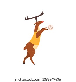Deer in sport uniform playing volleyball, funny sportive wild animal character doing sports vector Illustration on a white background