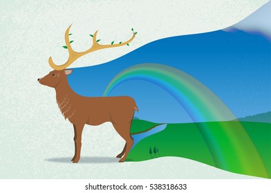 deer and spring. blooming horns. rainbow over the meadow. rain in the distance. the hills on the horizon. river. grunge background.