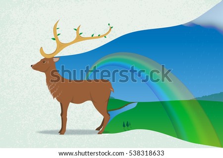deer and spring. blooming horns. rainbow over the meadow. rain in the distance. the hills on the horizon. river. grunge background.